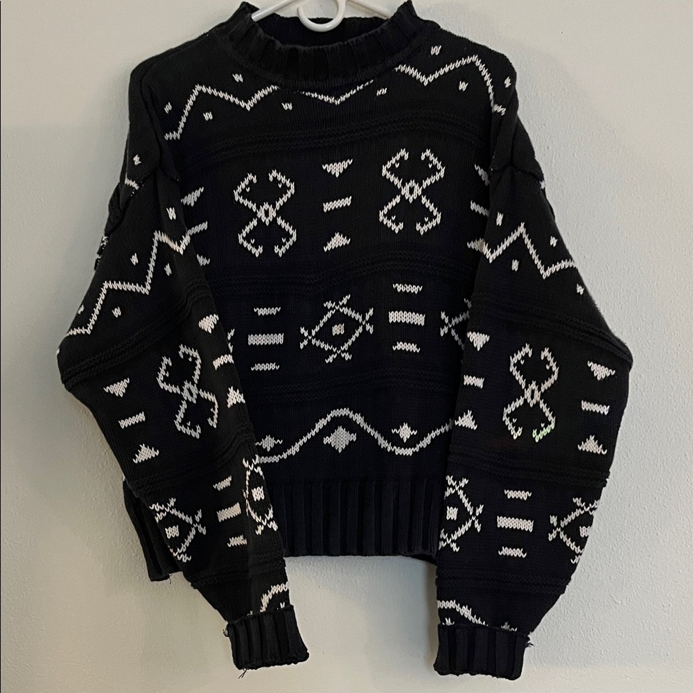 Vintage fair isle Liz Wear Black and White Patterned Unisex Sweater chunky med